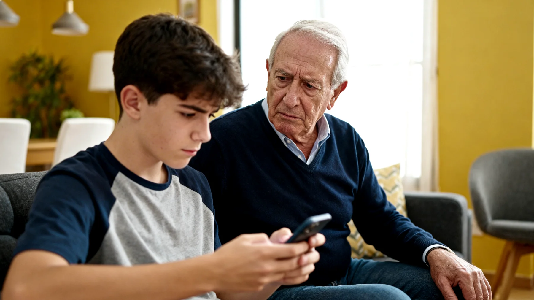 Un abuelo nota que su nieto adolescente pasa horas en redes sociales interactuando con desconocidos, compartiendo información personal y exponiendo su vida privada sin medir los riesgos. Cuando el abuelo intenta hablar del tema, el adolescente lo ignora o responde con burlas, argumentando que 'no entiende nada de tecnología'. El abuelo se siente impotente y preocupado, sin saber cómo acercarse a él sin generar rechazo."